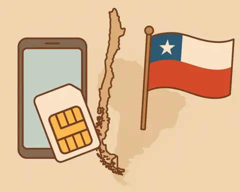 Tarjeta SIM sobre el mapa de Chile con colores patrios