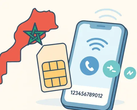 Ilustración de una tarjeta SIM prepago junto a un mapa de Marruecos o señal de red móvil