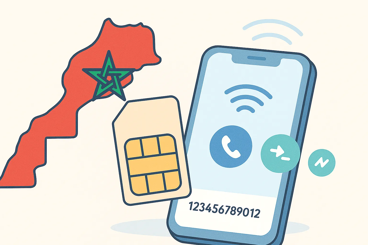 Ilustración de una tarjeta SIM prepago junto a un mapa de Marruecos o señal de red móvil
