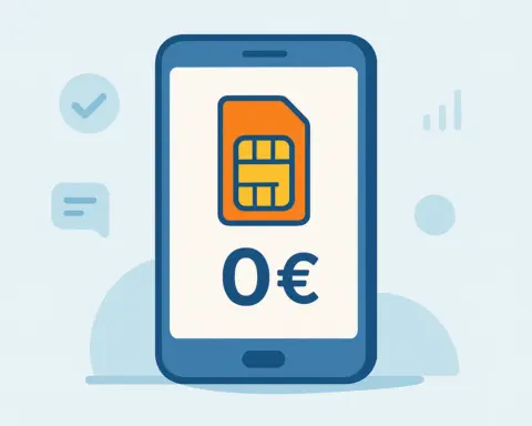 Ilustración de un móvil con una SIM y símbolo de 0€, que representa una tarjeta prepago sin cuota mensual.