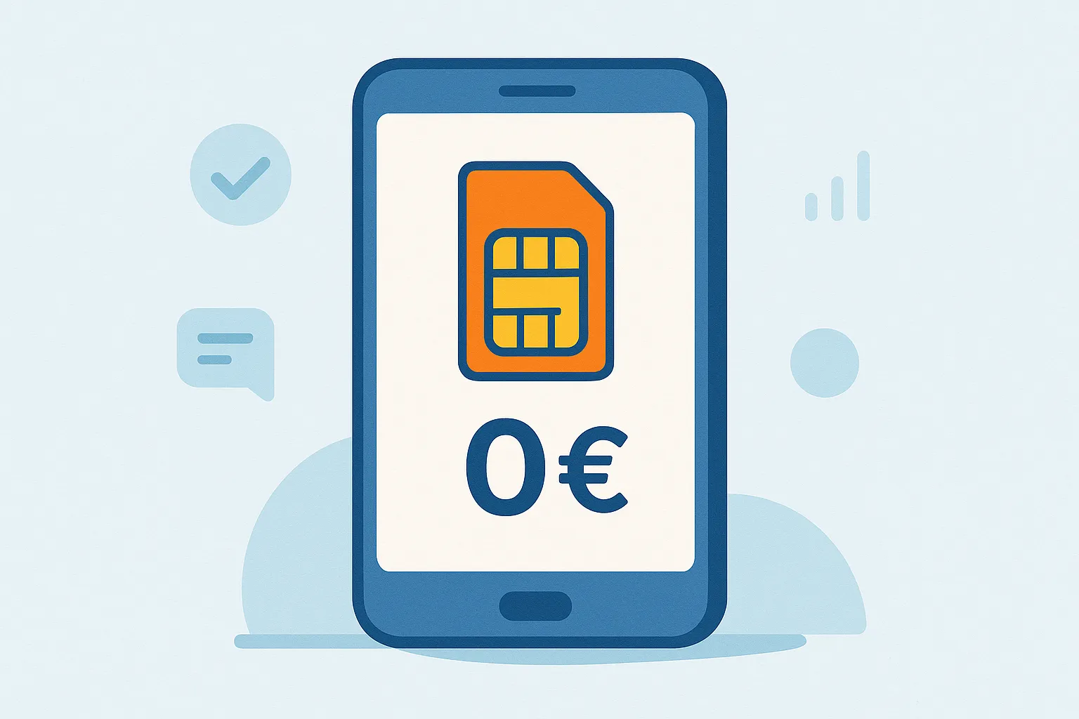 Ilustración de un móvil con una SIM y símbolo de 0€, que representa una tarjeta prepago sin cuota mensual.