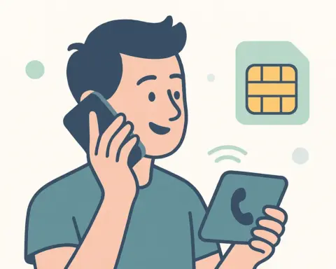 Ilustración de una tarjeta SIM prepago para llamadas junto a un hombre hablando por teléfono