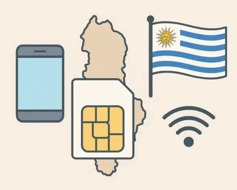 Ilustración de móvil con señal sobre mapa de Uruguay