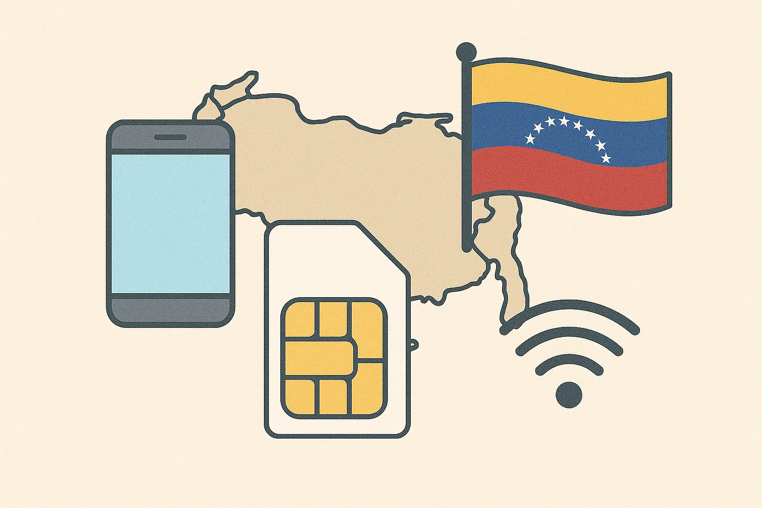 Teléfono con SIM y señal móvil sobre mapa de Venezuela