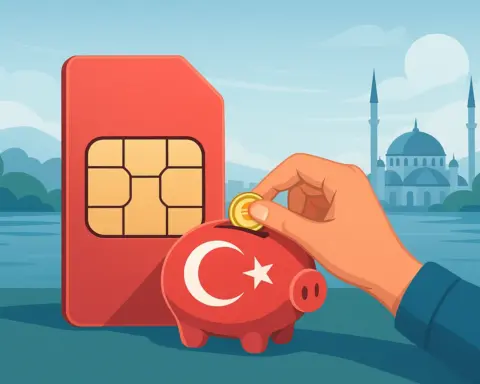 Ilustración de un móvil con señal de red frente a una bandera de Turquía y edificios típicos, representando el uso de tarjetas prepago en el país