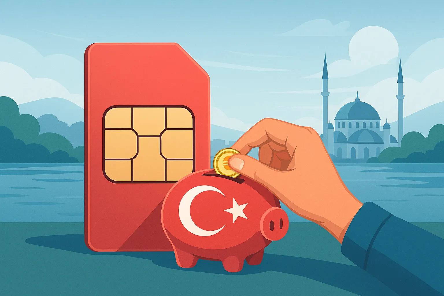 Ilustración de un móvil con señal de red frente a una bandera de Turquía y edificios típicos, representando el uso de tarjetas prepago en el país