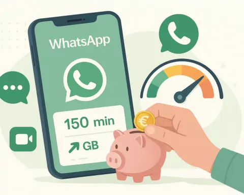 Ilustración de un móvil con WhatsApp abierto y un gráfico de consumo de datos prepago según el uso de mensajes, llamadas y vídeos.