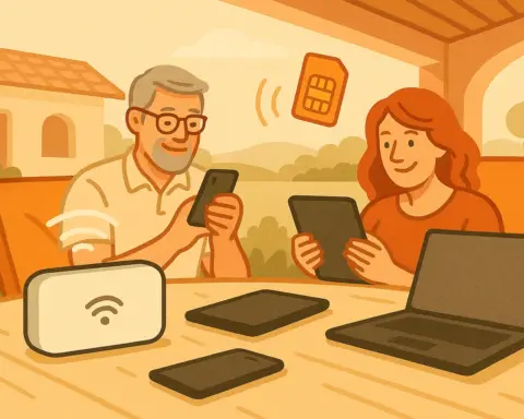 Ilustración de un router wifi portátil funcionando con una SIM prepago, compartiendo conexión con varios dispositivos en un entorno de vacaciones.