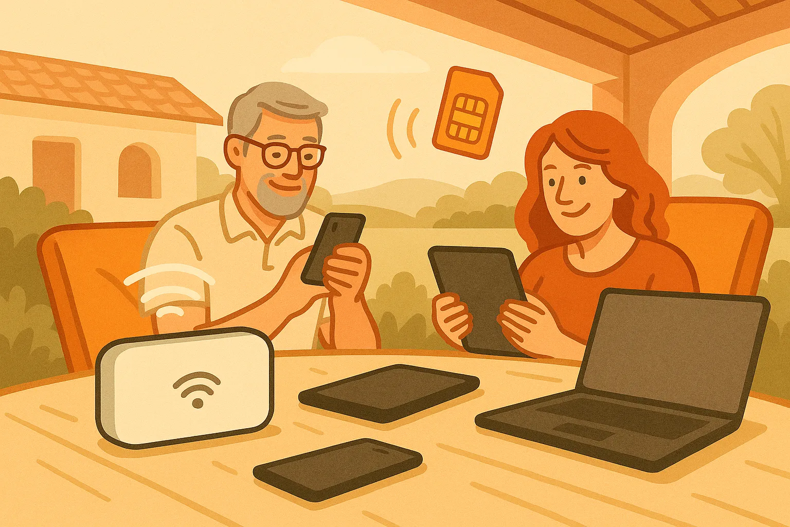 Ilustración de un router wifi portátil funcionando con una SIM prepago, compartiendo conexión con varios dispositivos en un entorno de vacaciones.